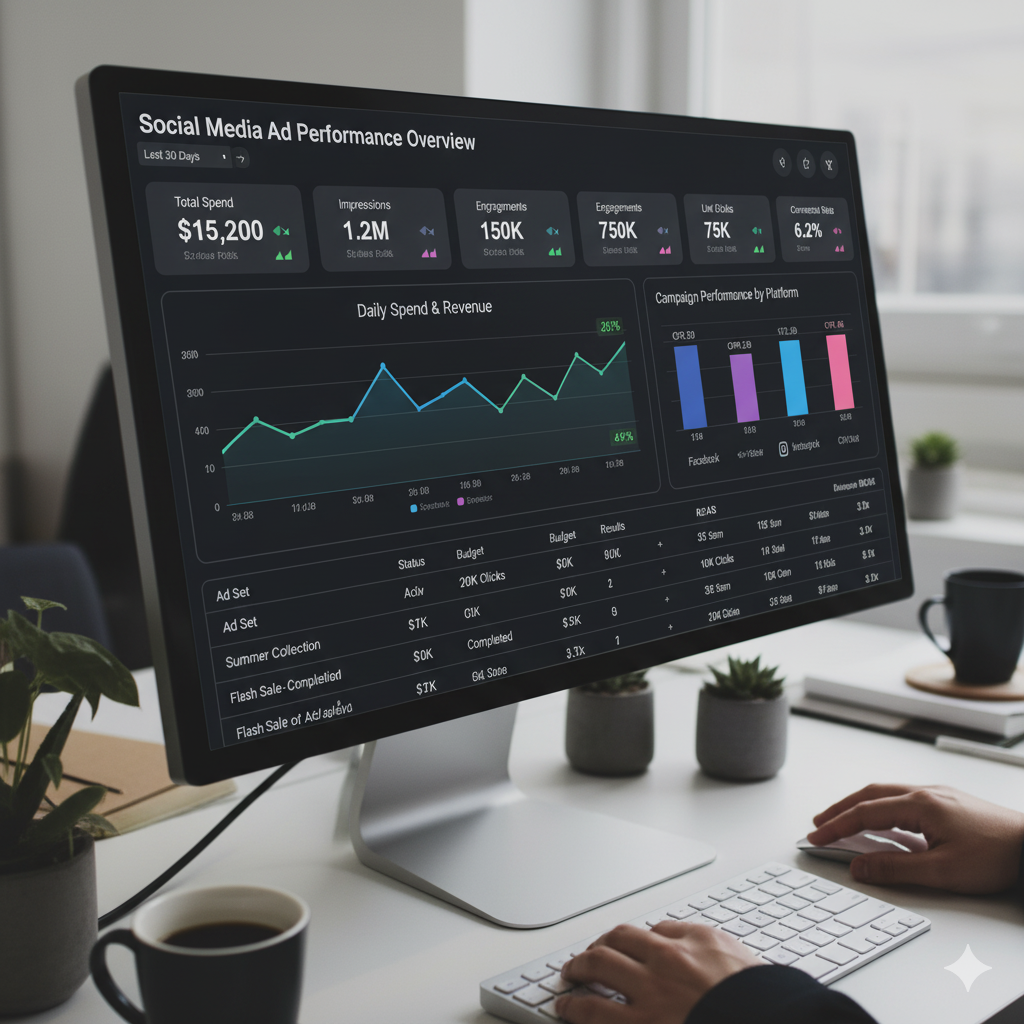 Social media paid advertising dashboard displaying ad reach and engagement metrics.