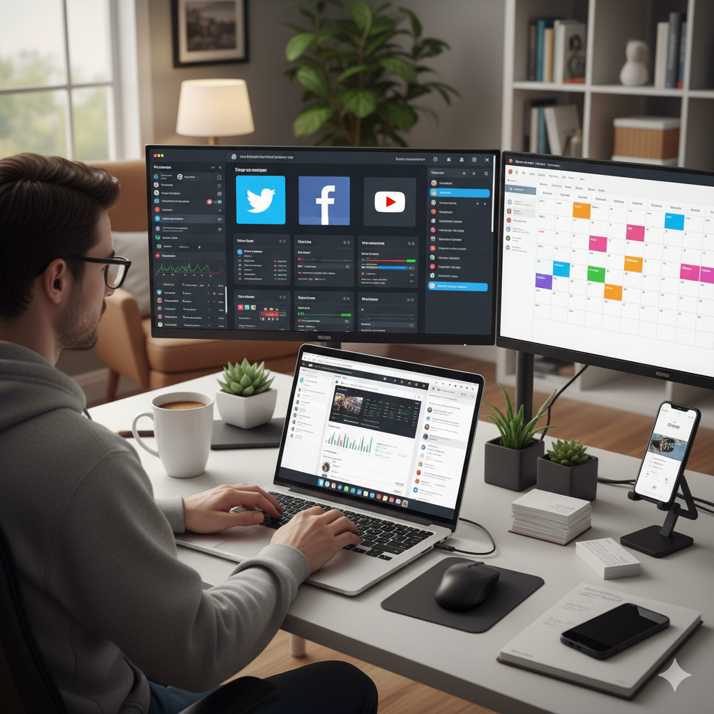 Digital marketer managing multiple social media platforms to improve brand visibility and engagement.