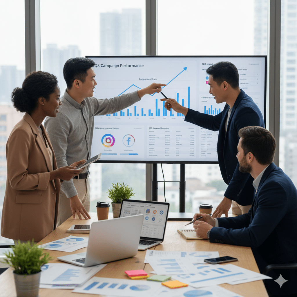 Integrated digital marketing strategy for business growth showing team analyzing SEO, social media, and email campaign data.